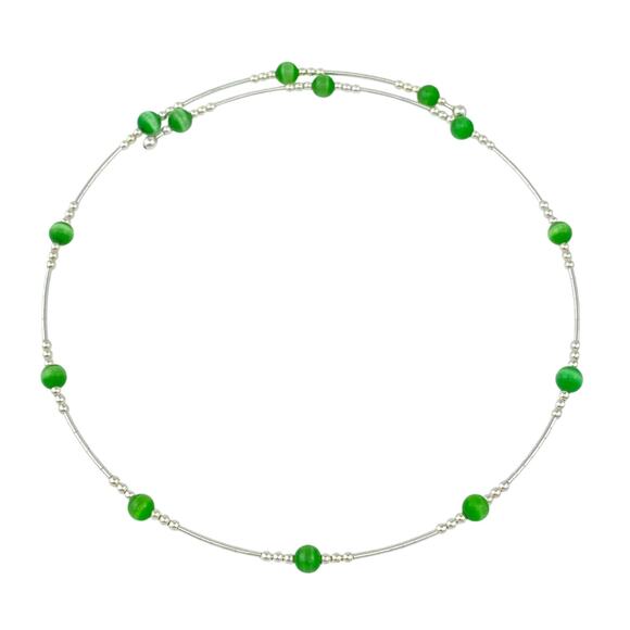 Memory Wire Green Cat's Eye Bead Choker Necklace | Sterling Silver 925 |16" - Picture 2 of 3